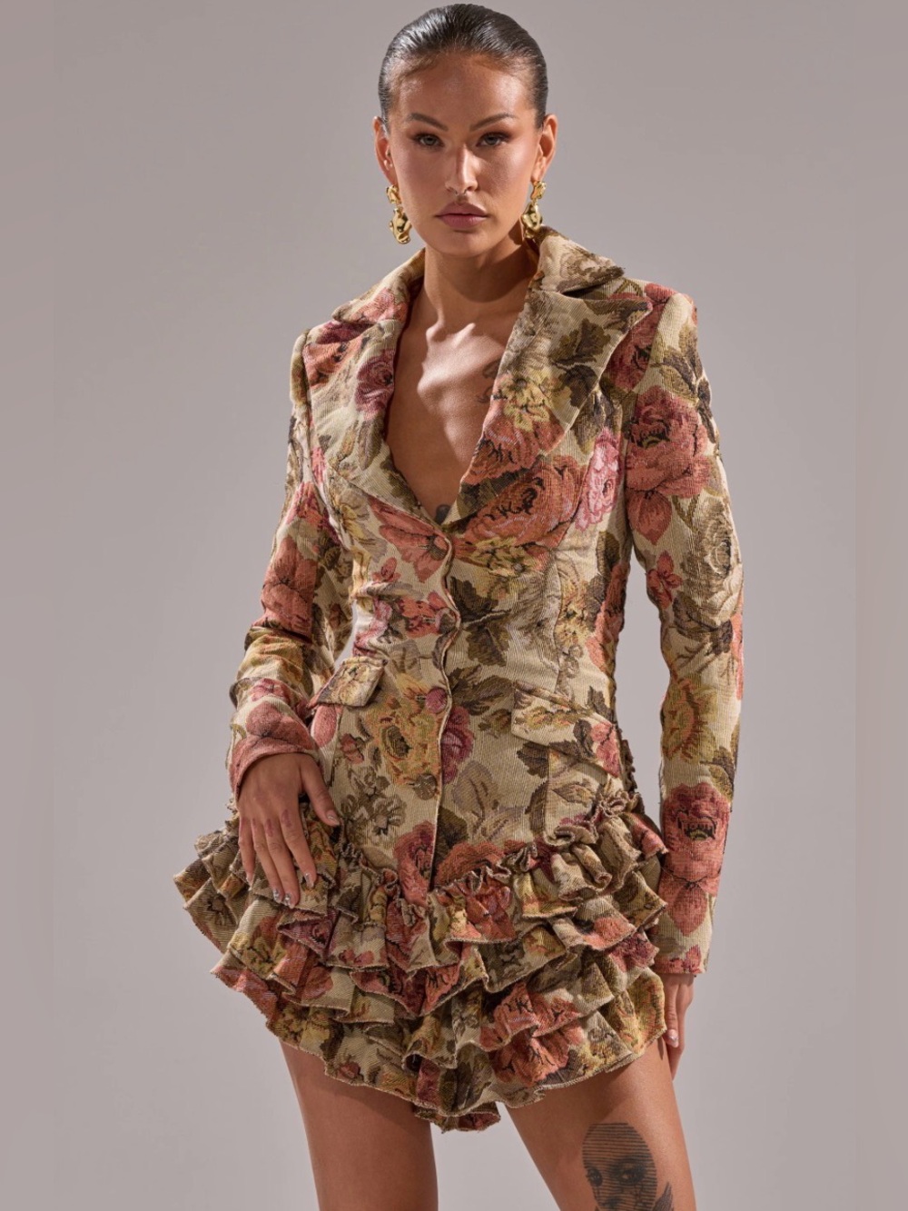 Floral Ruffle Peplum Blazer One Piece Romper - Beige with Rust & Olive Floral